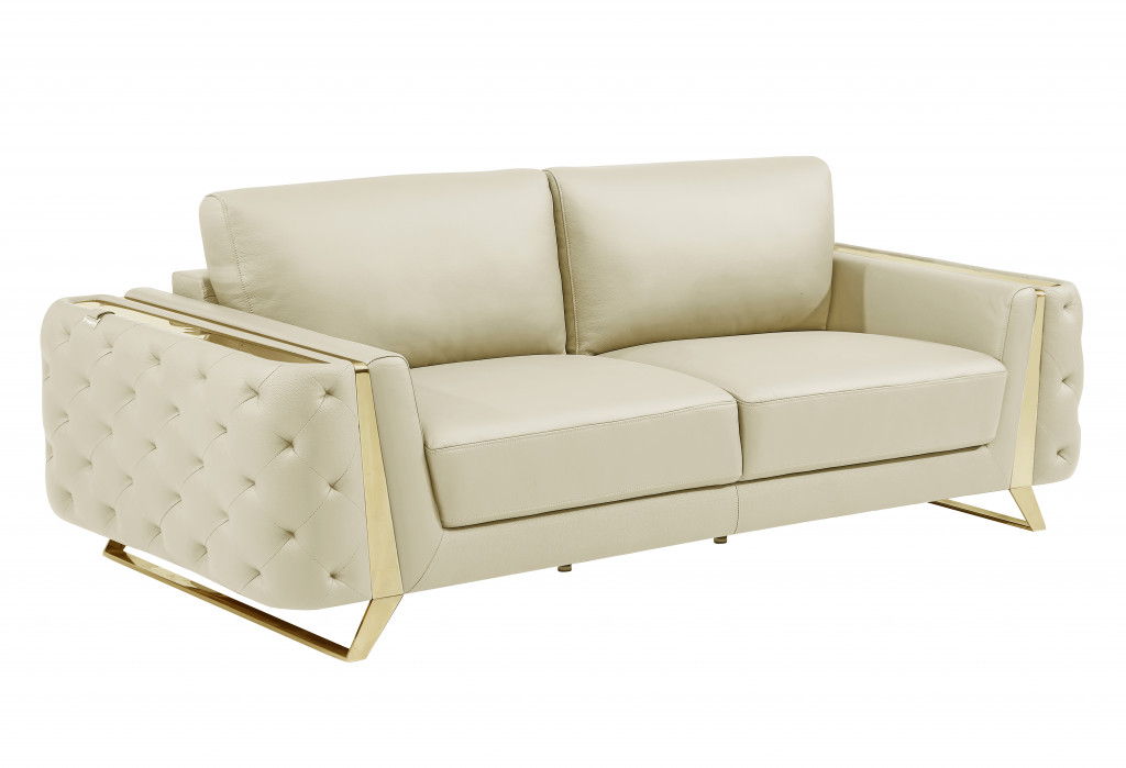 Sofa 90" - Beige Italian Leather And Gold