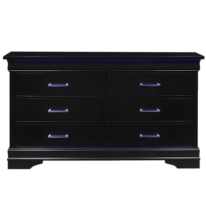 Solid Wood Six Drawer Double Dresser with LED 59" - Black