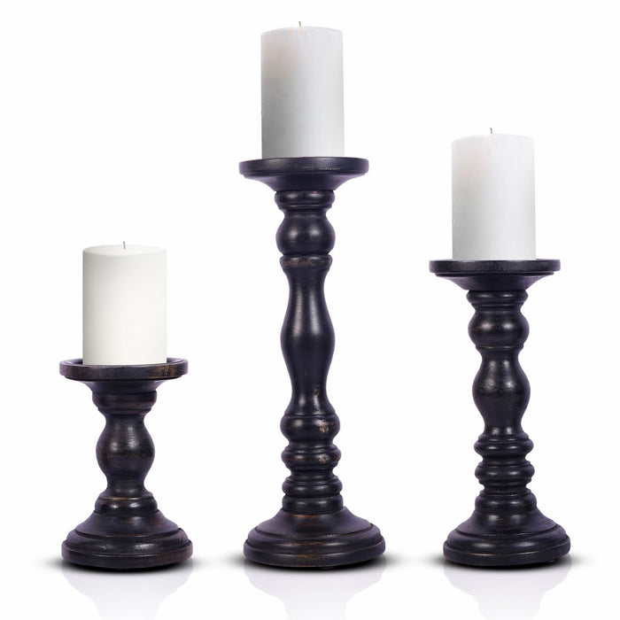 3 Piece Hand Carved Pillar Candle Holders - Matte Black Genuine