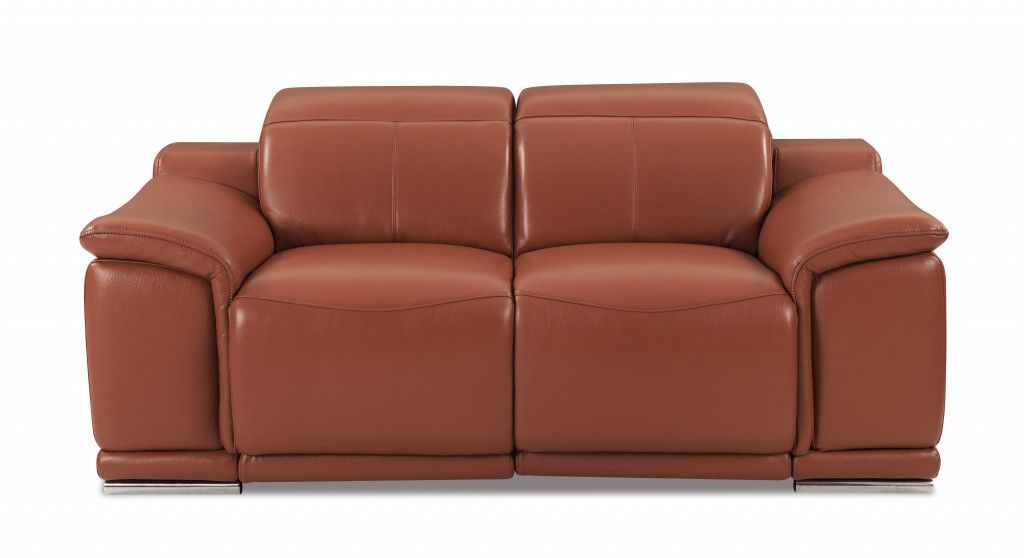 Italian Leather and Chrome Power Recline Love Seat With Storage 72" - Camel Brown