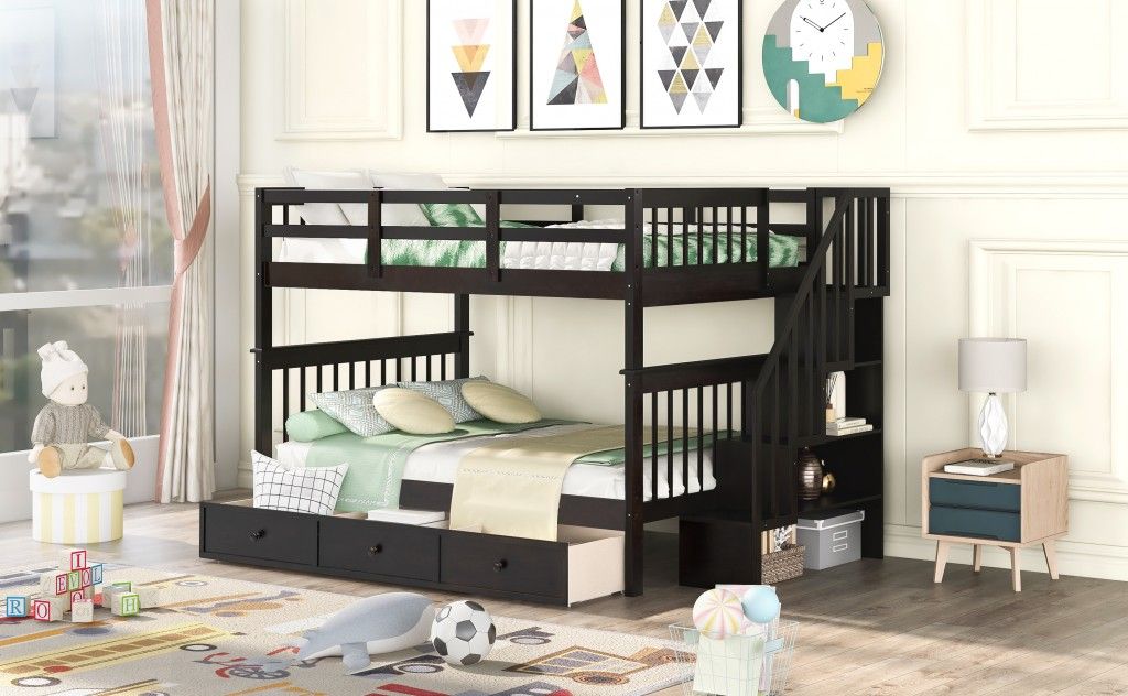 Double Full Size Stairway Bunk Bed With Drawer - Brown