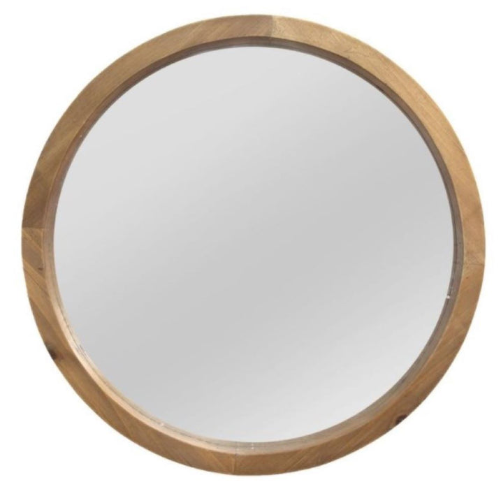 Chic Round Wood Framed Wall Mirror - Light Brown
