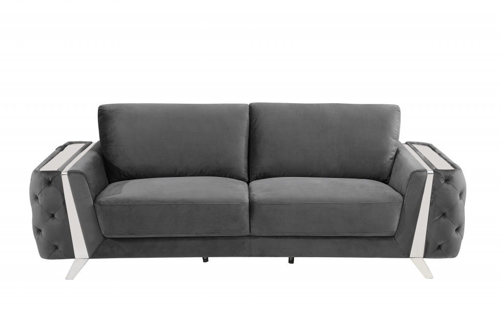 Velvet And Chrome Stainless Steel Sofa 90" - Dark Gray