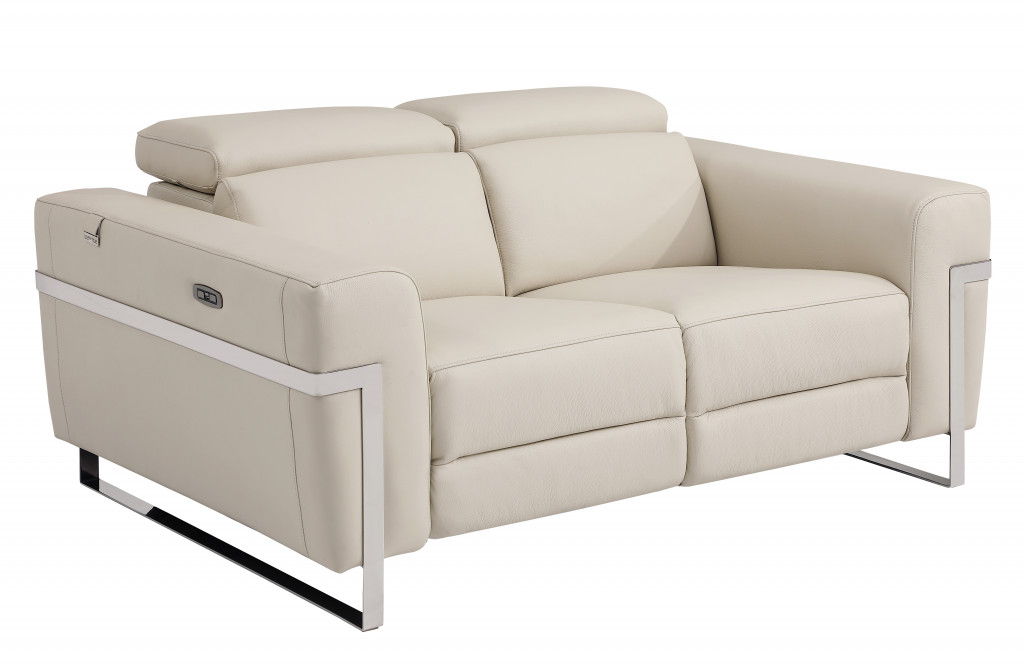 Reclining Loveseat - Beige - Italian Leather And Stainless