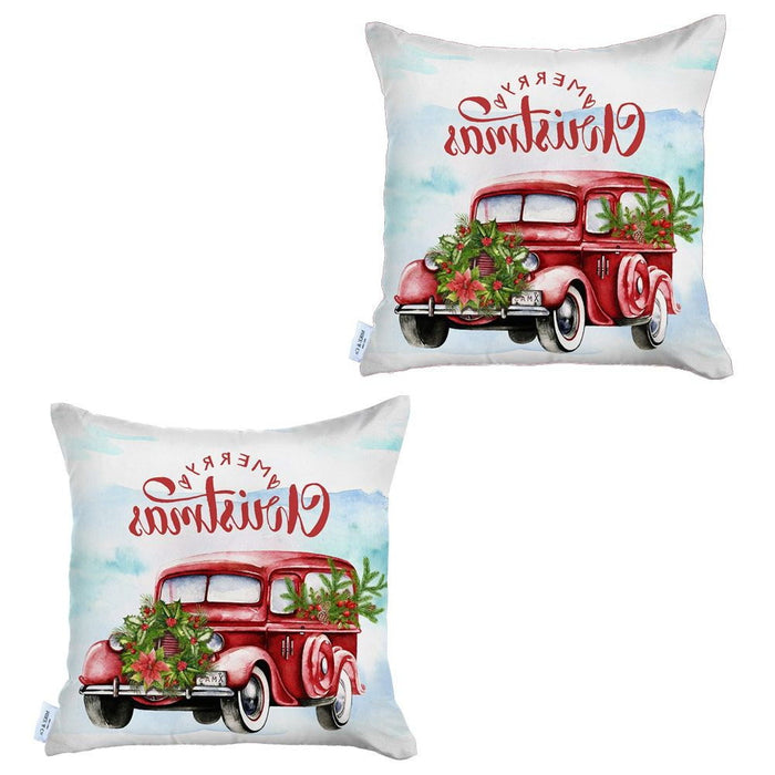Merry Christmas Vintage Red Car Thow Pillow Covers (Set of 2)