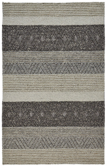 Striped Hand Woven Stain Resistant Area Rug - Gray Taupe And Tan Wool - 8' X 11'