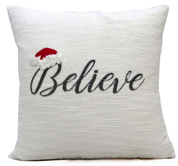 20"Lx20"D Cotton Blend Believe Christmas Throw Pillow - White