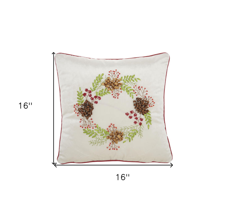 16"Lx16"H Zippered Handmade Velvet Christmas Wreath Throw Pillow - Beige