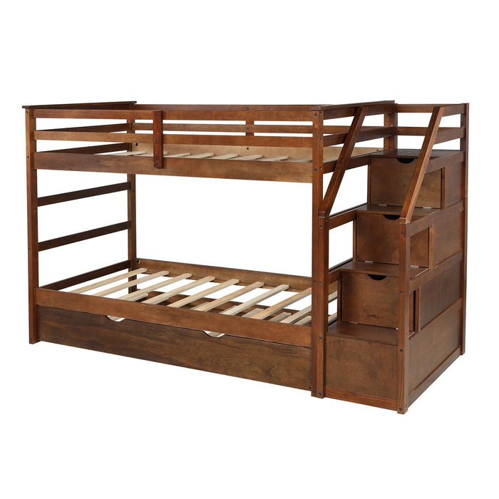 Twin Over Twin Bunk Bed with Trundle -Walnut