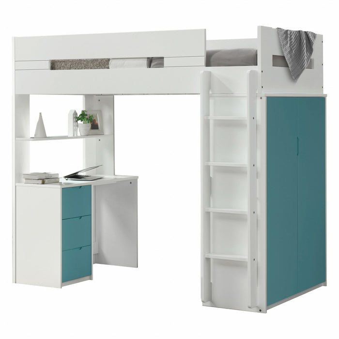 Twin Loft Bed And Desk -White And Teal
