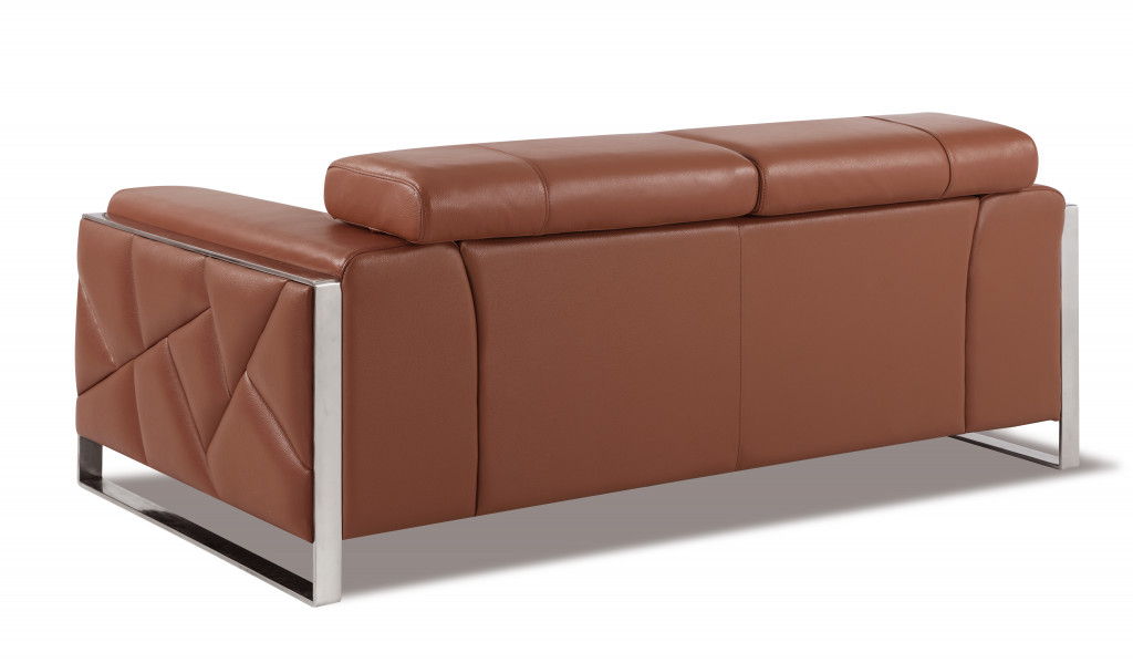 Loveseat - Camel Brown - Italian Leather And Chrome