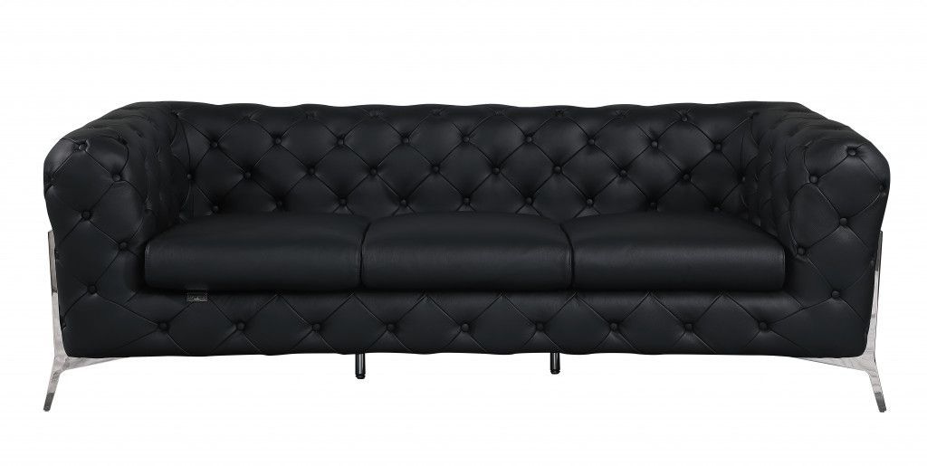 Genuine Tufted Leather and Chrome Standard Sofa 93" - Black
