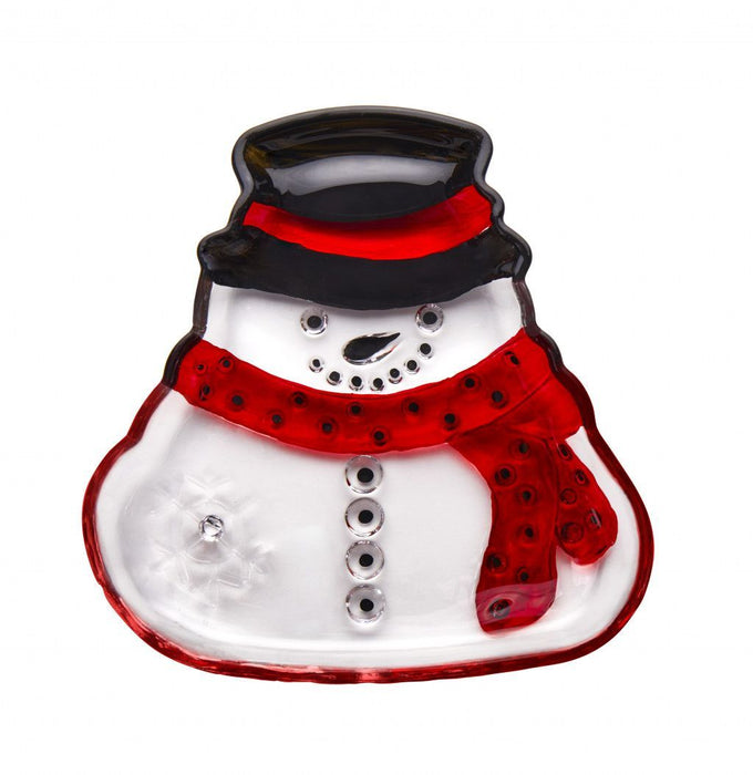 Snowman Glass Christmas Serving Tray - Red And White