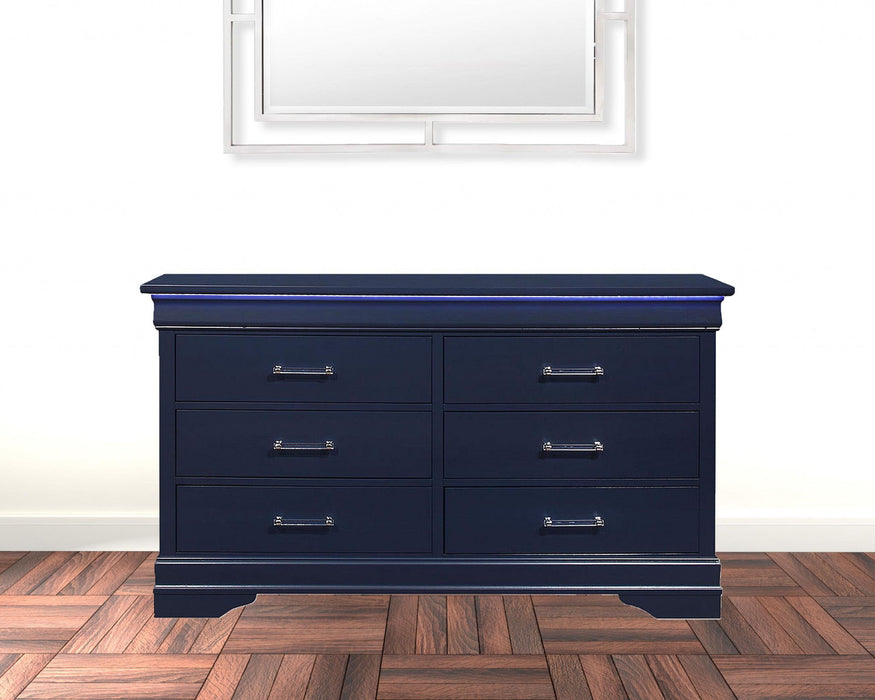 Solid Wood Six Drawer Double Dresser with LED 59" - Blue