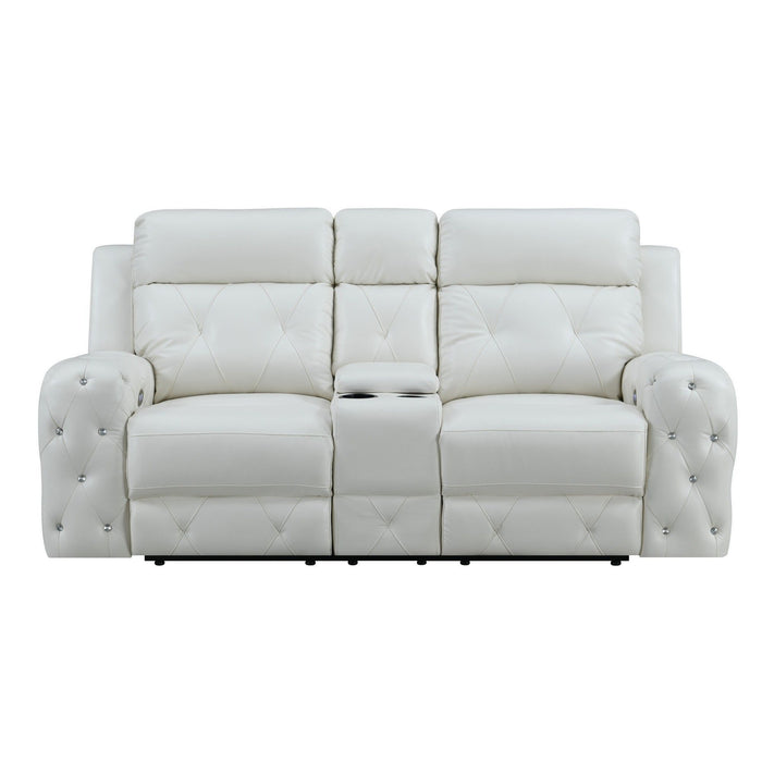 White Leather Gel Cover Power Console Reclining Loveseat In Plushily Padded Seats Jewel Embellished Tufted Design Along With Recessed Arm