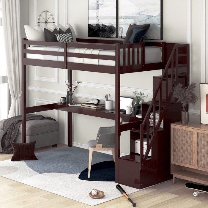 Twin Size Loft Bed with Built In Desk and Stairway - Espresso