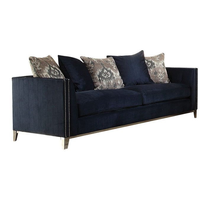 Sofa With Five Toss Pillows 95" - Blue Velvet And Black