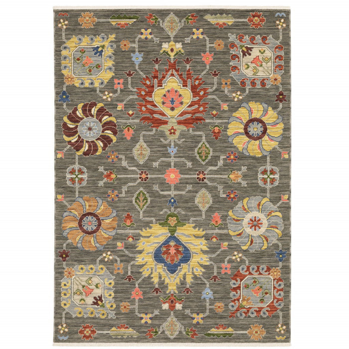 Oriental Power Loom Stain Resistant Area Rug With Fringe - Grey Charcoal Yellow Blue Rust Red Pink Green And Ivory - 10' X 13'