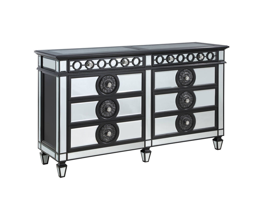 Solid Wood Mirrored Six Drawer Double Dresser 68" - Black and Sliver