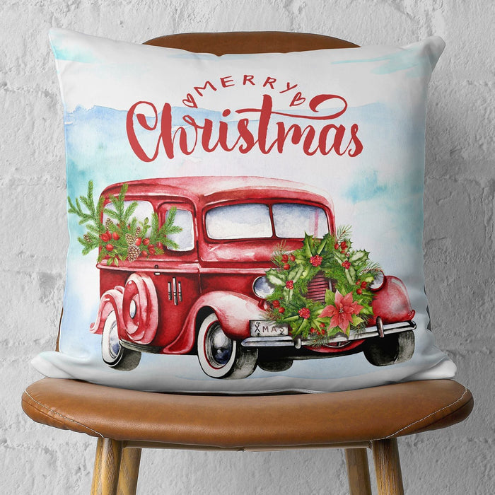 Merry Christmas Vintage Car Throw Pillow - Red
