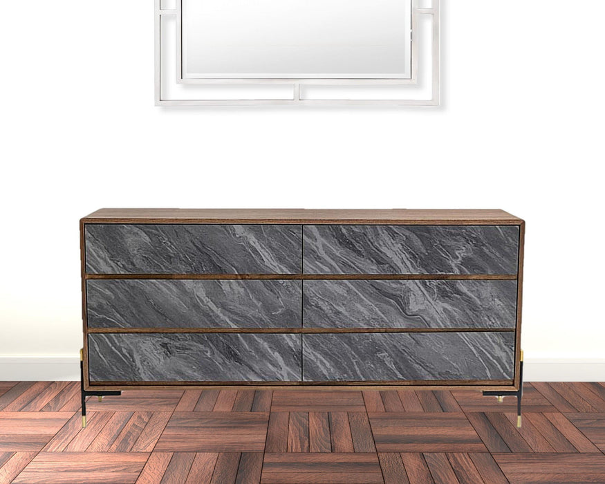 Faux Marble Wood Six Drawer Double Dresser 63" - Walnut And Gray