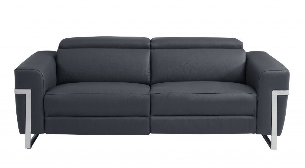 Italian Leather and Chrome Reclining Sofa 83" - Dark Gray