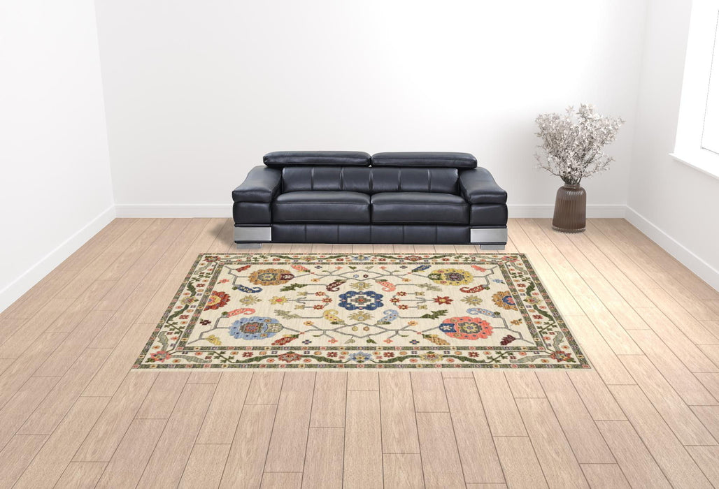 Oriental Power Loom Stain Resistant Area Rug With Fringe - Ivory Green Blues Pink Yellow Rust Brown Tan And Grey - 10' X 13'