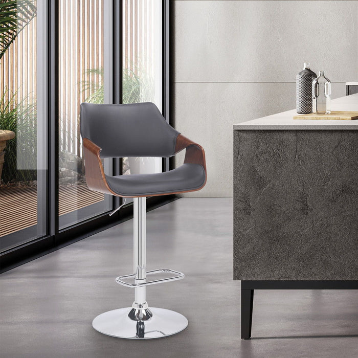 Faux Leather and Walnut Wood and Chrome Swivel Adjustable Bar Stool - Gray