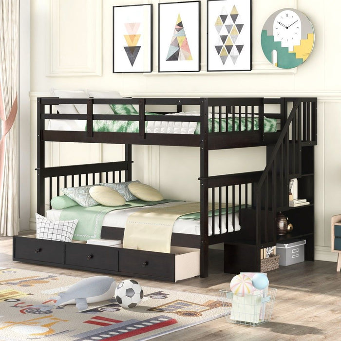 Double Full Size Stairway Bunk Bed With Drawer - Brown