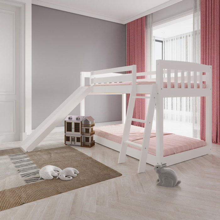 Twin over Twin Solid Wood Bunk Bed With Slide and Ladder - White