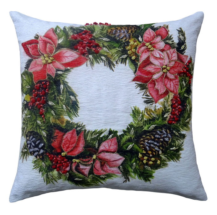 20"Lx20"D Text Zippered Cotton Blend Christmas Wreath Throw Pillow - Red And Green