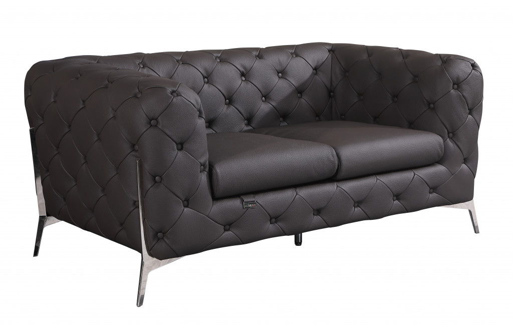 Tufted Loveseat - Dark Brown - Italian Leather And Chrome