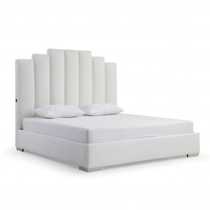 Queen Vertical Channel Faux Leather Bed with USB -  White