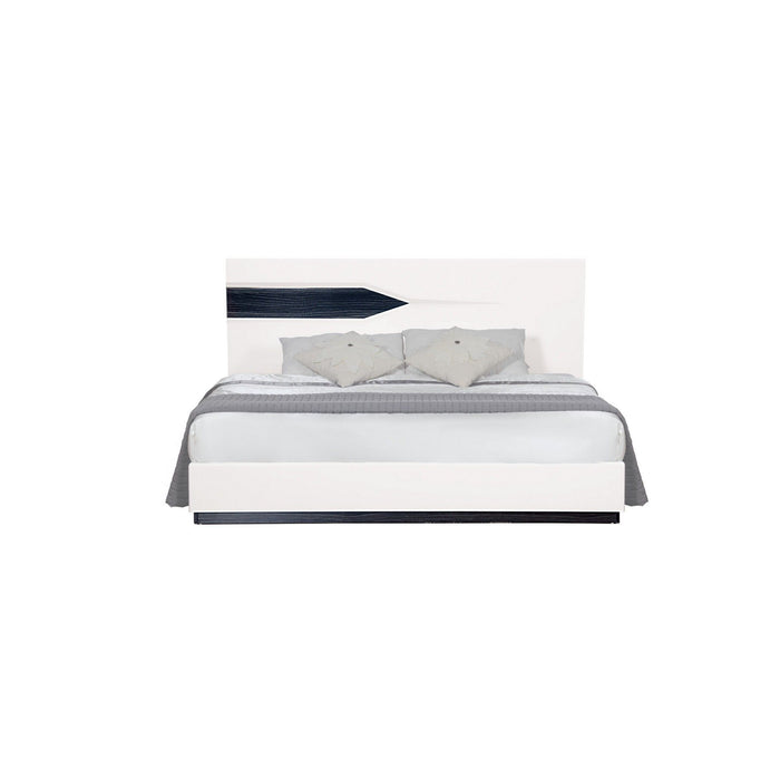 Queen Bed With Dark Gray Zebrano Details On Headboard And Bottom Rail Accent - White