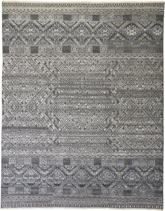 Geometric Hand Knotted Area Rug - Gray Ivory And Blue - 8' X 10'