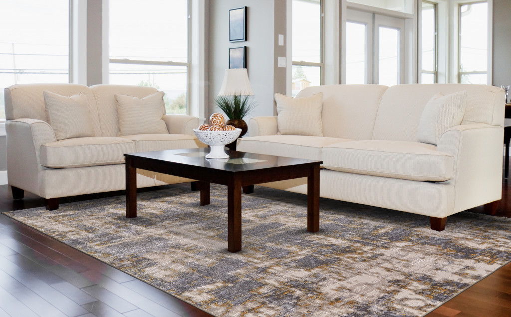Abstract Area Rug - Gray And Gold - 12' X 15'