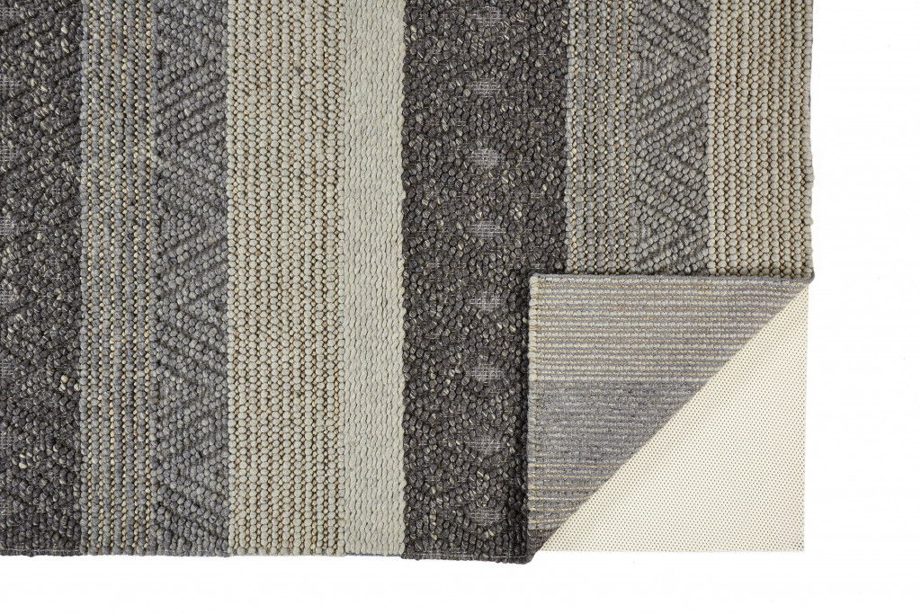 Striped Hand Woven Stain Resistant Area Rug - Gray Taupe And Tan Wool - 8' X 11'