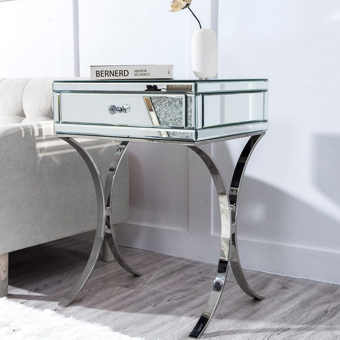 Mirrored Nightstand With 1 Drawer - Silver Finish