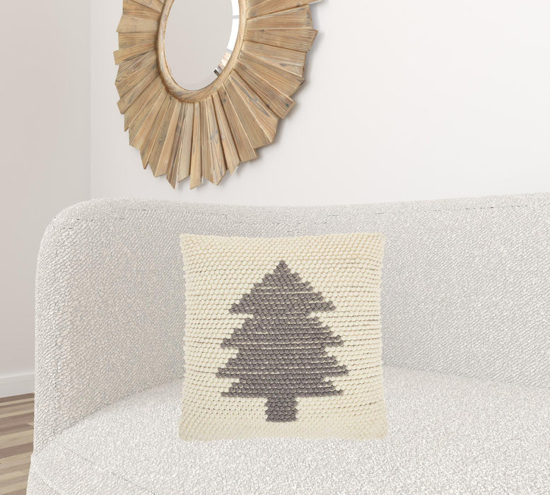 20"Lx20"D Zippered Handmade Polyester Christmas Tree Throw Pillow - Ivory And Grey