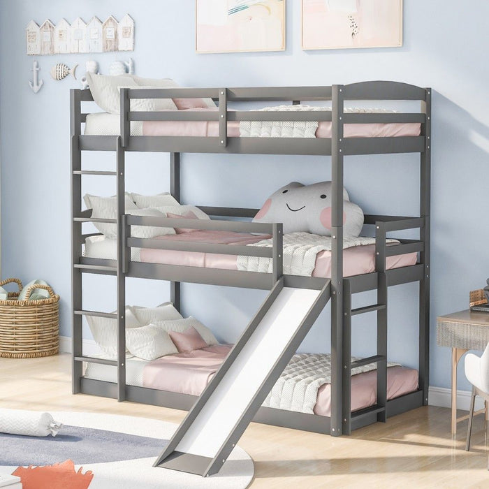 Triple Bunk Twin Sized Bed with Slide - Gray