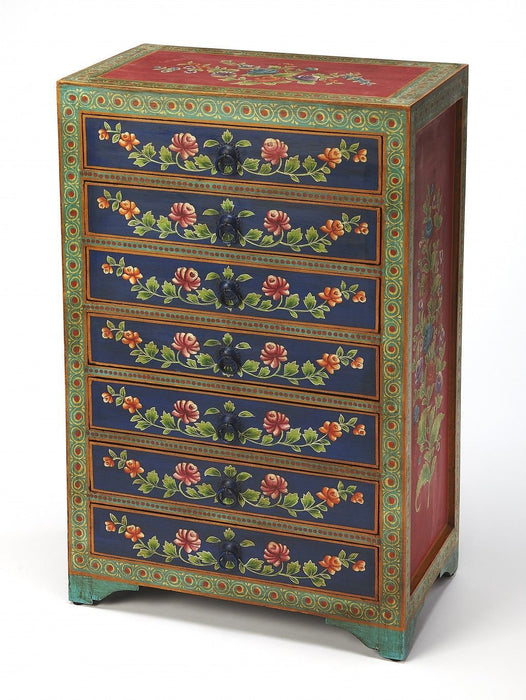Red And Blue Hand Painted Seven Drawer Chest