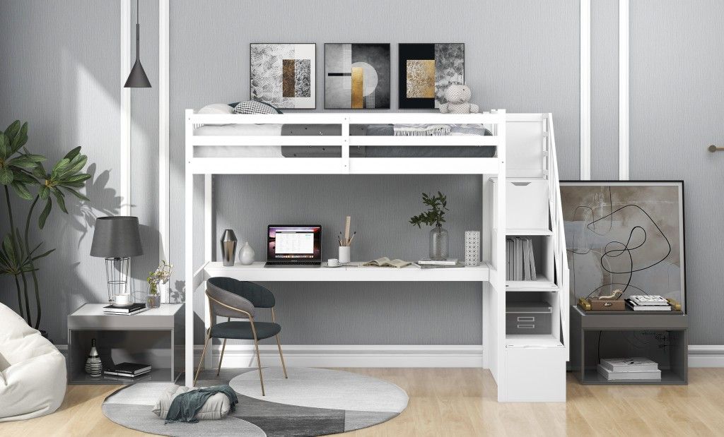 Twin Size Loft Bed with Built In Desk and Stairway - White