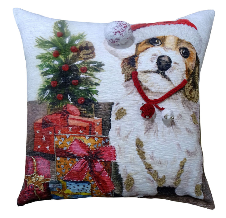 20"Lx20"D Dog Zippered Handmade Cotton Blend Christmas Throw Pillow With Pom Poms - Red And White