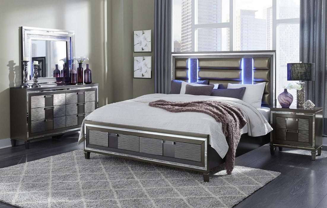 Majestic Metallic Queen Bed With Led Lightning Upholstered Headboard 2 Footboard Drawer - Gray