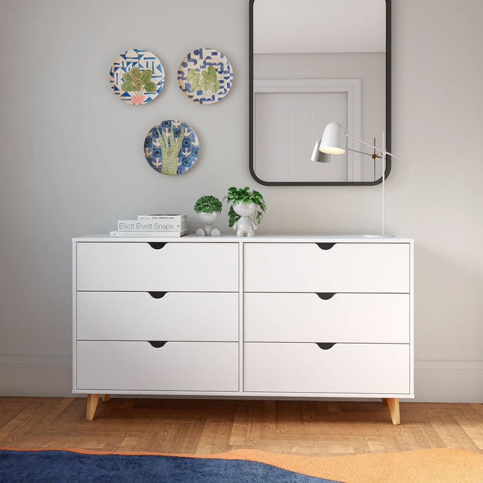 Scoop Handle Six Drawer Double Dresser 59" - White