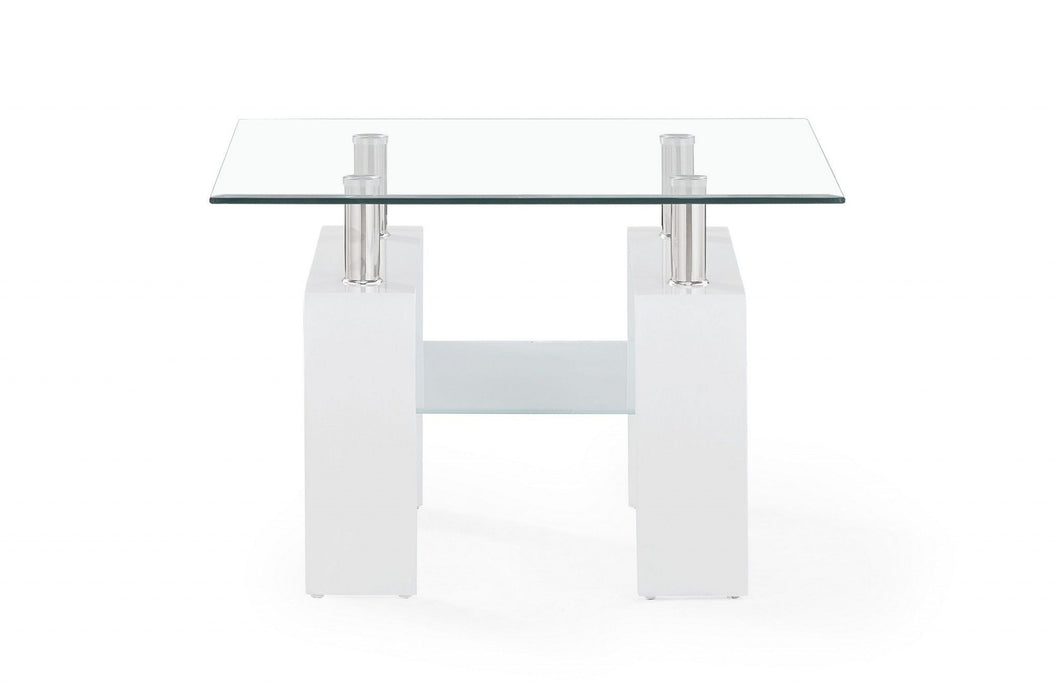 End Table With Leg And Rectangular Clear Glass Top - White Glossy