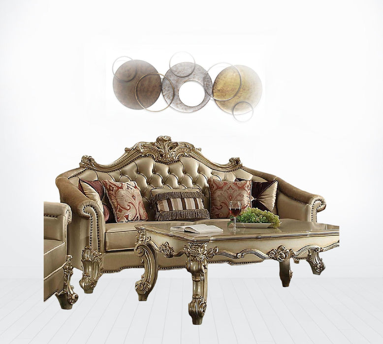 Sofa With Five Toss Pillows 89" - Bone Faux Leather And Gold