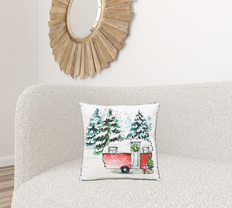 18"Lx18"D Snowy Christmas Camper Throw Pillow - Green And White