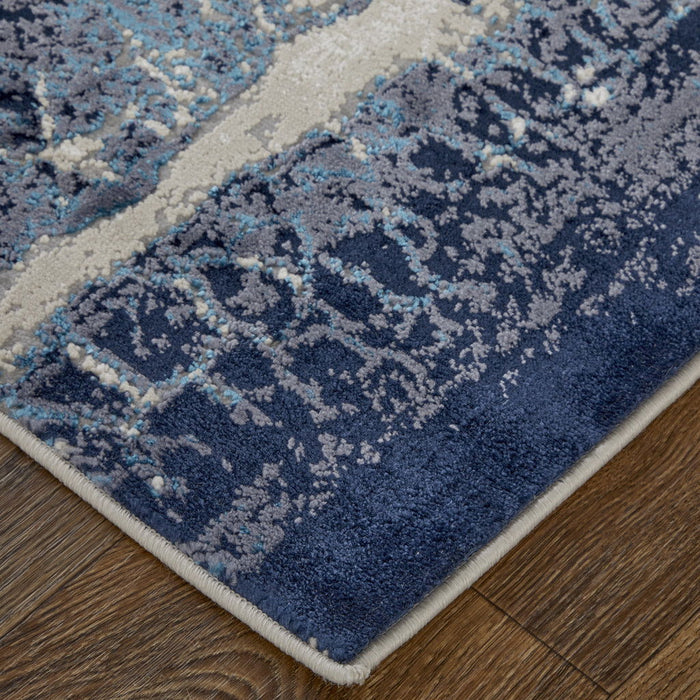 Abstract Power Loom Distressed Area Rug - Ivory Blue And Black - 12' X 15'