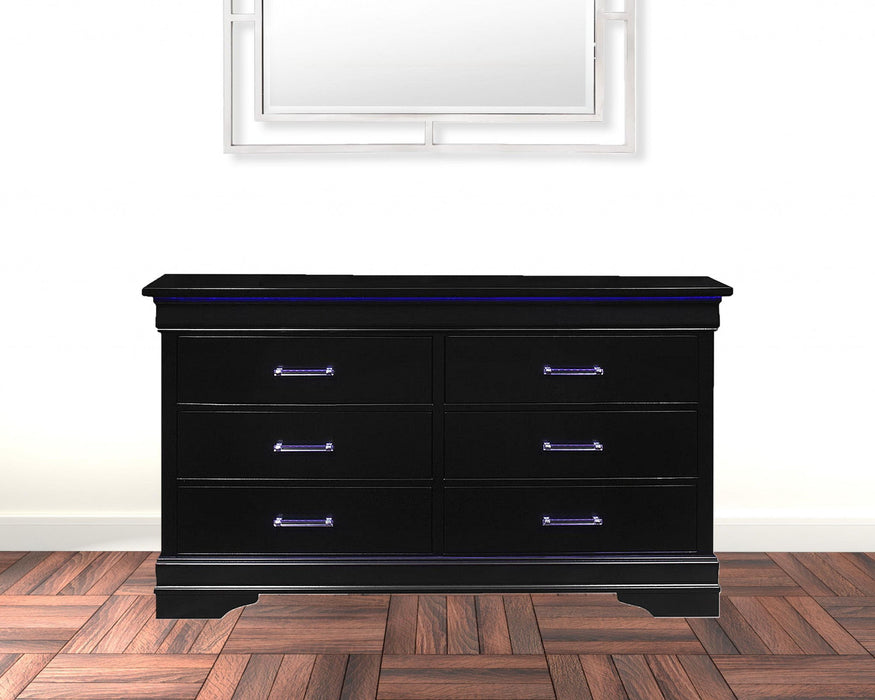 Solid Wood Six Drawer Double Dresser with LED 59" - Black